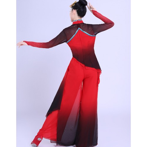 Women Chinese Folk Dance Clothing Red Gradient Color chinese folk yangko umbrella fan dance costumes stage performance classical dance clothes